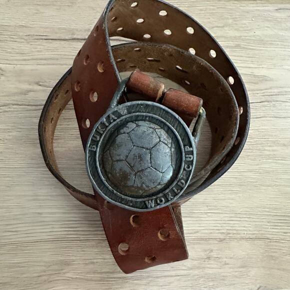 Rare Vintage Bukta World Cup Buckle Brown Perforated Leather Belt - Picture 1 of 9